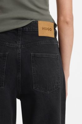 Wide-leg loose-fit jeans in black cotton, Black
