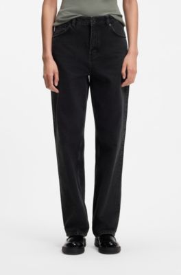 Wide-leg loose-fit jeans in black cotton, Black