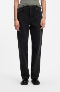 Wide-leg loose-fit jeans in black cotton, Black