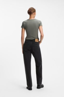 Wide-leg loose-fit jeans in black cotton, Black