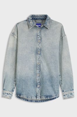 Oversized cotton denim shirt with gradient effect, Light Blue