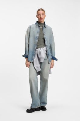 Oversized cotton denim shirt with gradient effect, Light Blue