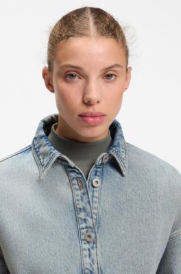 Oversized cotton denim shirt with gradient effect, Light Blue