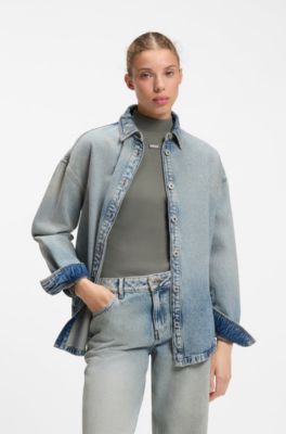 Oversized cotton denim shirt with gradient effect, Light Blue