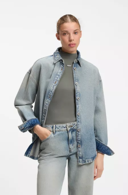 Oversized cotton denim shirt with gradient effect
