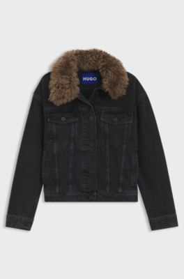 Denim trucker jacket with detachable shearling collar, Black