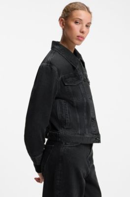 Denim trucker jacket with detachable shearling collar, Black