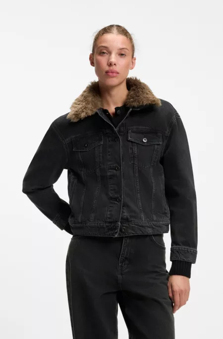 Denim trucker jacket with detachable shearling collar