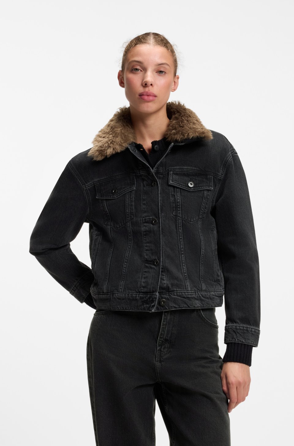 Denim trucker jacket with detachable shearling collar