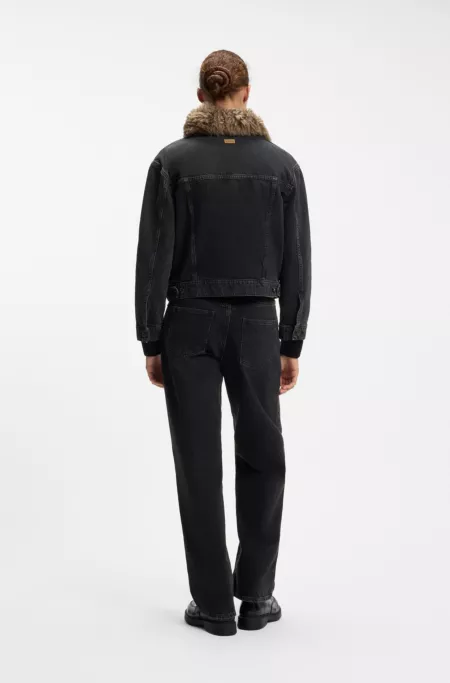 Denim trucker jacket with detachable shearling collar