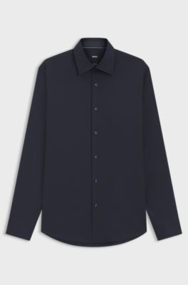 Regular-fit shirt in easy-iron stretch cotton, Dark Blue