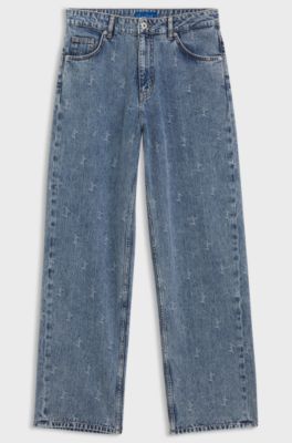 Wide-leg loose-fit jeans in logo-jacquard denim, Patterned