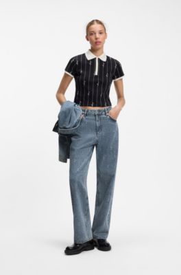 Wide-leg loose-fit jeans in logo-jacquard denim, Patterned