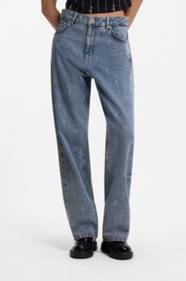 Wide-leg loose-fit jeans in logo-jacquard denim, Patterned