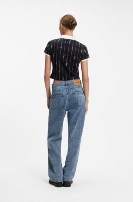 Wide-leg loose-fit jeans in logo-jacquard denim, Patterned