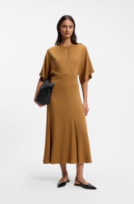 Long-length business dress in stretch crepe, Brown