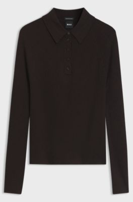Fitted polo sweater in pure virgin wool, Dark Brown