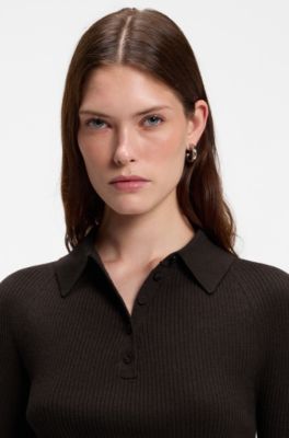 Fitted polo sweater in pure virgin wool, Dark Brown