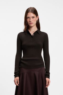 Fitted polo sweater in pure virgin wool, Dark Brown