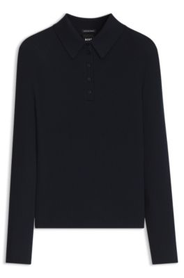 Fitted polo sweater in pure virgin wool, Dark Blue