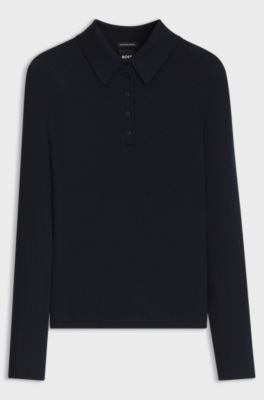 Aangesloten polotrui van zuivere scheerwol, Donkerblauw