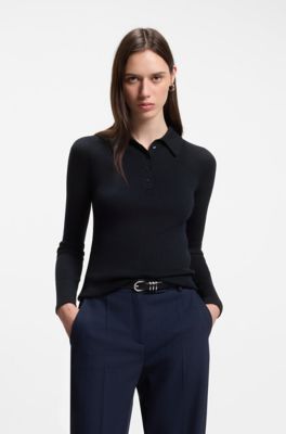 Fitted polo sweater in pure virgin wool, Dark Blue