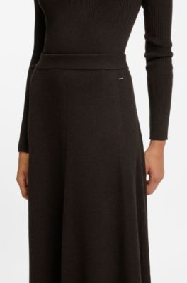 Maxi skirt in ribbed virgin wool, Dark Brown
