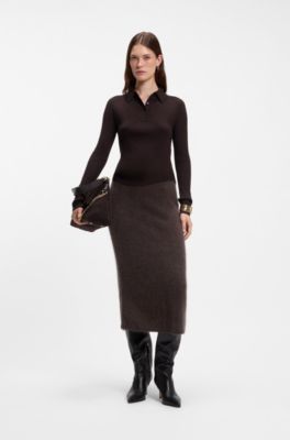Midi skirt in brushed virgin wool and cashmere, Brown
