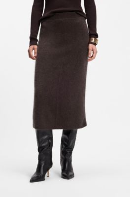 Midi skirt in brushed virgin wool and cashmere, Brown