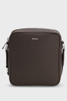 Reporter bag con scritta del logo color argento, Marrone scuro