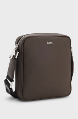 Reporter bag con scritta del logo color argento, Marrone scuro