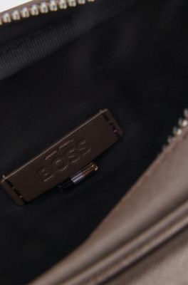 Reporter bag con scritta del logo color argento, Marrone scuro