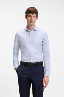 Slim-fit Vichy check shirt in stretch cotton, Light Blue Patterned