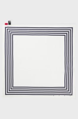 Striped-border bandana blended with silk, Blue Patterned