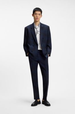 Striped-border bandana blended with silk, Blue Patterned