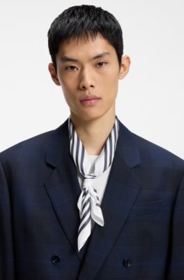 Striped-border bandana blended with silk, Blue Patterned