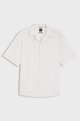 Relaxed-fit camp-collar shirt in stretch cotton poplin, White