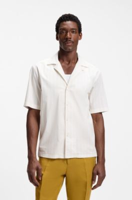 Relaxed-fit camp-collar shirt in stretch cotton poplin, White