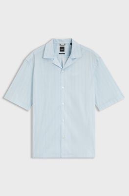 Relaxed-fit camp-collar shirt in stretch cotton poplin, Light Blue
