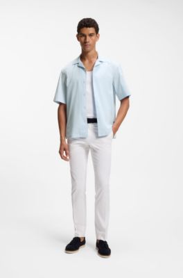 Relaxed-fit camp-collar shirt in stretch cotton poplin, Light Blue