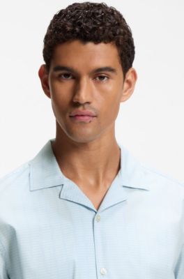 Relaxed-fit camp-collar shirt in stretch cotton poplin, Light Blue
