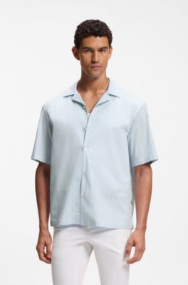 Relaxed-fit camp-collar shirt in stretch cotton poplin, Light Blue