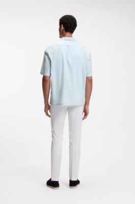 Relaxed-fit camp-collar shirt in stretch cotton poplin, Light Blue