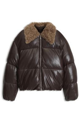 Faux-leather bomber jacket with teddy collar, Brown