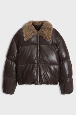 Faux-leather bomber jacket with teddy collar, Brown