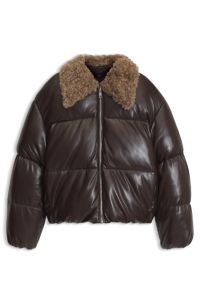 Faux-leather bomber jacket with teddy collar, Brown