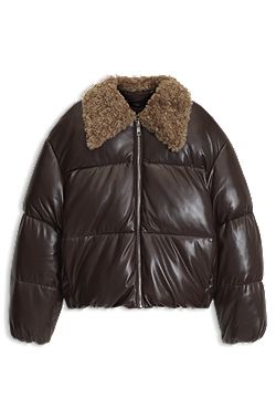 Faux-leather bomber jacket with teddy collar