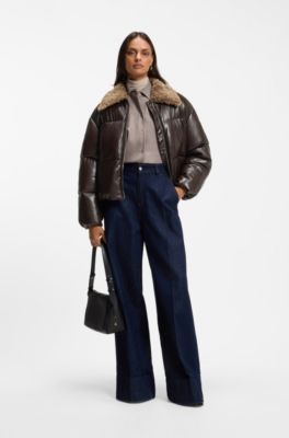 Faux-leather bomber jacket with teddy collar, Brown