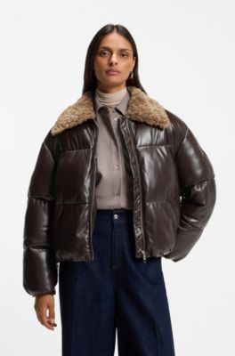 Faux-leather bomber jacket with teddy collar, Brown