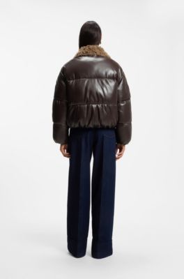 Faux-leather bomber jacket with teddy collar, Brown